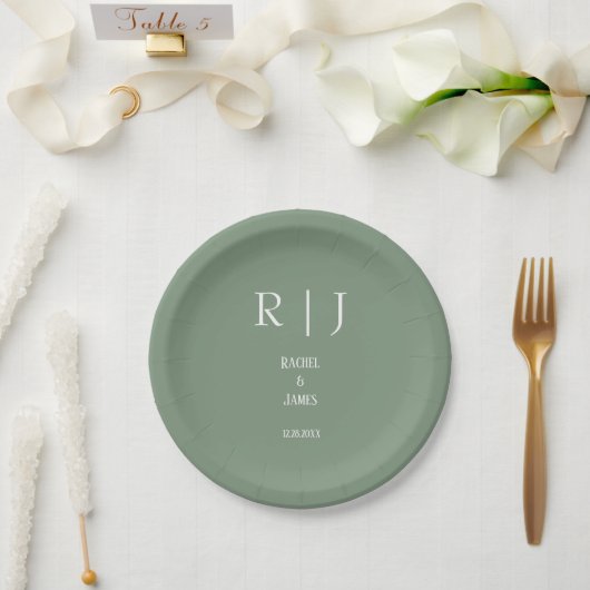 Salbeigrüne Monogramme Einfache Elegante Moderne H Pappteller (Hochzeit)