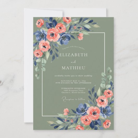 Salbeigrüne Navy Blumen Rustikale Hochzeit Einladung (Vorderseite)