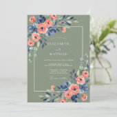 Salbeigrüne Navy Blumen Rustikale Hochzeit Einladung (Stehend Vorderseite)