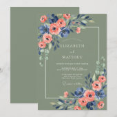 Salbeigrüne Navy Blumen Rustikale Hochzeit Einladung (Vorne/Hinten)