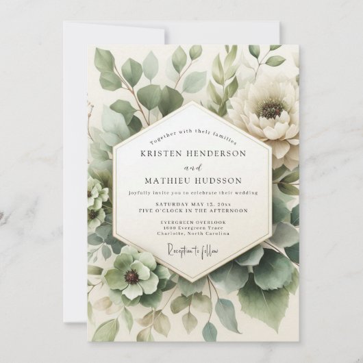 Salbeigrüne Neblige Flora-Hochzeit Einladung (Vorderseite)