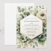 Salbeigrüne Neblige Flora-Hochzeit Einladung (Vorne/Hinten)