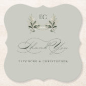 Salbeigrüne Olivenzweig-Monogramm-Dankeskarten Untersetzer (Vorderseite)