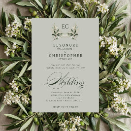 Salbeigrüne Olivenzweig-Monogramm-Foto-Hochzeit Einladung