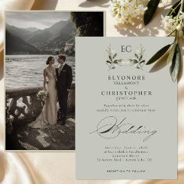Salbeigrüne Olivenzweig-Monogramm-Foto-Hochzeit Einladung