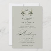 Salbeigrüne Olivenzweig-Monogramm-Hochzeit Einladung (Vorderseite)