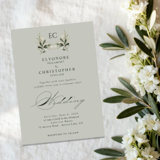 Salbeigrüne Olivenzweig-Monogramm-Hochzeit Einladung