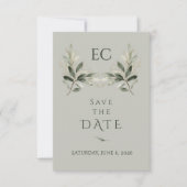 Salbeigrüne Olivenzweig-Monogramm-Hochzeit Save The Date (Vorderseite)