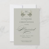 Salbeigrüne Olivenzweig-Monogramm-Hochzeit Save The Date (Rückseite)