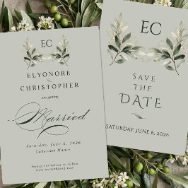 Salbeigrüne Olivenzweig-Monogramm-Hochzeit Save The Date