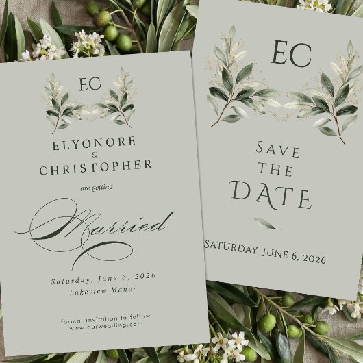 Salbeigrüne Olivenzweig-Monogramm-Hochzeit Save The Date