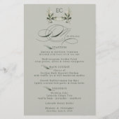Salbeigrüne Olivenzweig-Monogramm-Hochzeitsmenü (Vorderseite)