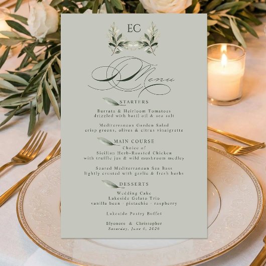 Salbeigrüne Olivenzweig-Monogramm-Hochzeitsmenü