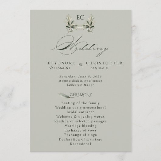 Salbeigrüne Olivenzweig-Monogramm-Hochzeitsprogram Programm (Vorderseite)