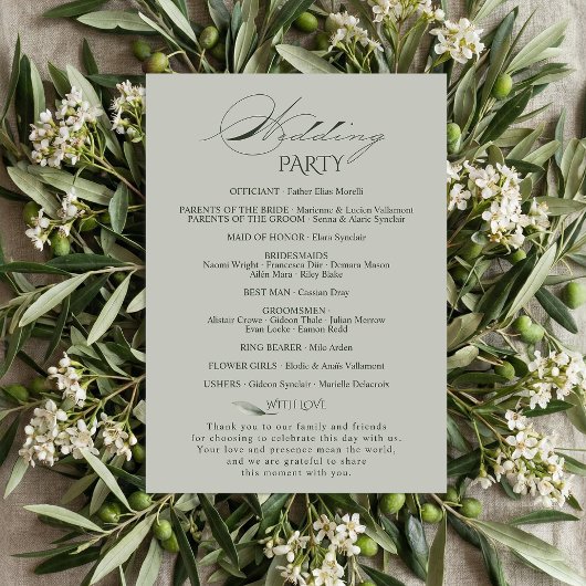 Salbeigrüne Olivenzweig-Monogramm-Hochzeitsprogram Programm