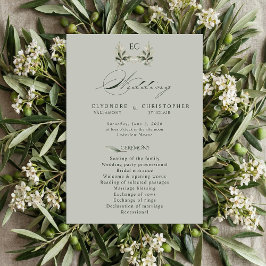 Salbeigrüne Olivenzweig-Monogramm-Hochzeitsprogram Programm