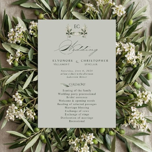 Salbeigrüne Olivenzweig-Monogramm-Hochzeitsprogram Programm