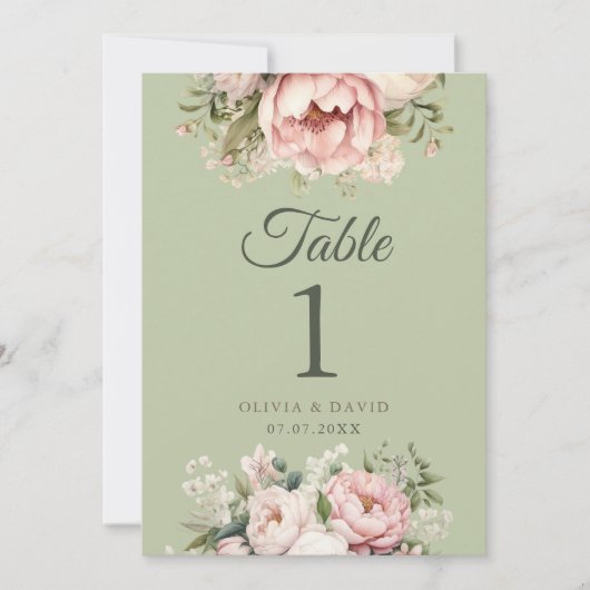 Salbeigrüne Pfingstrosen-Blumen-Hochzeitstisch-Num (Vorderseite)