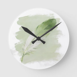 Salbeigrüne Pinselfeder Elegant Modern Runde Wanduhr
