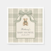 Salbeigrüne Preppy-Gingham-Teddybär-Baby-Party Serviette (Vorderseite)