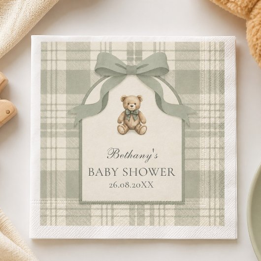 Salbeigrüne Preppy-Gingham-Teddybär-Baby-Party Serviette
