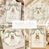 Salbeigrüne Preppy-Gingham-Teddybär-Baby-Party Serviette