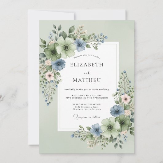 Salbeigrüne Pristine Florale Hochzeit Einladung (Vorderseite)
