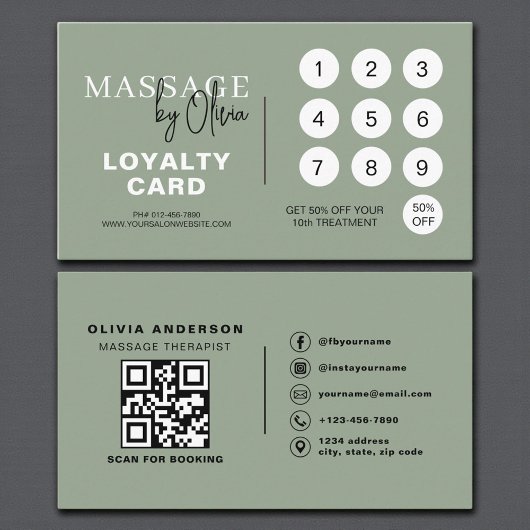 Salbeigrüne QR-Code-Treuekarte für Massagetherapeu Treuekarte