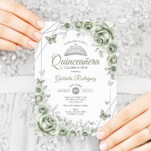 Salbeigrüne Quinceanera-Blumen Einladung