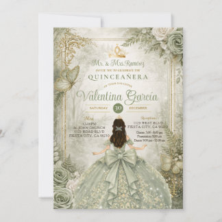 Salbeigrüne Quinceañera Elegante Schmetterlinge Wa Einladung