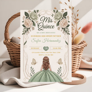 Salbeigrüne Quinceañera Goldkrone Schmetterling  Einladung