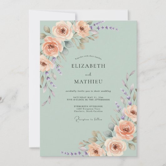 Salbeigrüne Regency-Rosen-Hochzeit Einladung (Vorderseite)