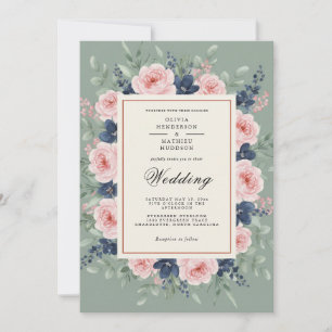Salbeigrüne Romantische Hochzeit mit Blumen Einladung