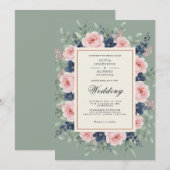 Salbeigrüne Romantische Hochzeit mit Blumen Einladung (Vorne/Hinten)