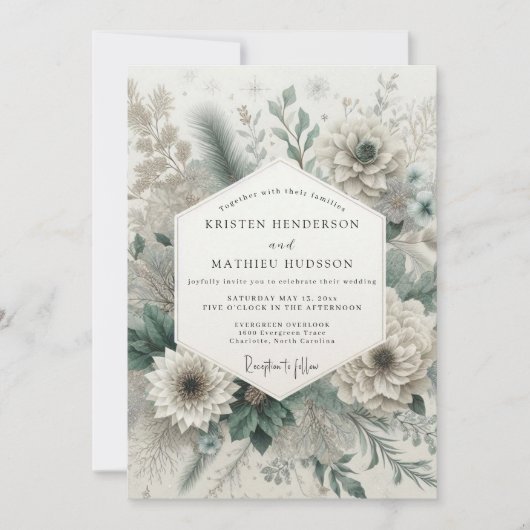 Salbeigrüne Romantische Hochzeit mit Blumen Einladung (Vorderseite)