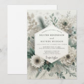Salbeigrüne Romantische Hochzeit mit Blumen Einladung (Vorne/Hinten)