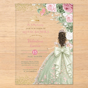 Salbeigrüne Rosa Florale Quinceañera-Geburtstagsfe Acryleinladungen