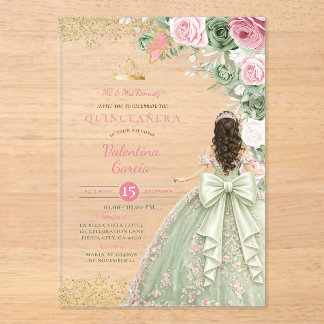 Salbeigrüne Rosa Florale Quinceañera-Geburtstagsfe Acryleinladungen