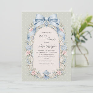 Salbeigrüne rosa florale Vintage-Baby-Party Einladung