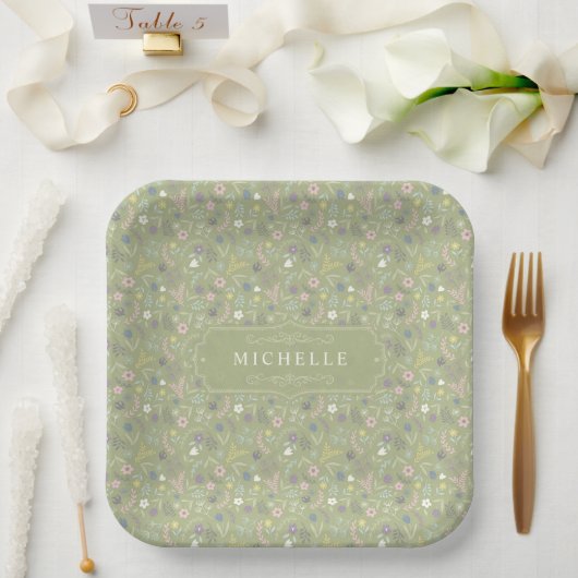 Salbeigrüne rosa weiße Blumen Florales Boho-Muster Pappteller (Hochzeit)
