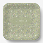 Salbeigrüne rosa weiße Blumen Florales Boho-Muster Pappteller (Vorderseite)