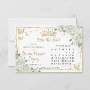 Salbeigrüne Rosen Florale Goldene Quinceañera-Kale Save The Date