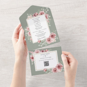 Salbeigrüne Rosen Florale QR-Code-Hochzeit All In One Einladung