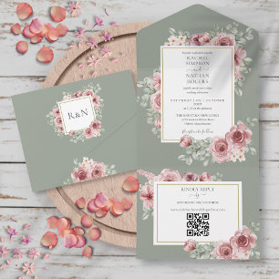 Salbeigrüne Rosen Florale QR-Code-Hochzeit All In One Einladung