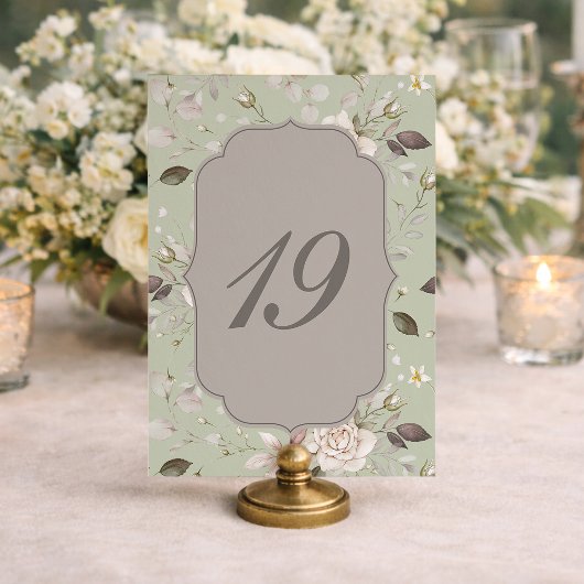 Salbeigrüne Rosen-Hochzeitstischnummern 10–19 Einladung