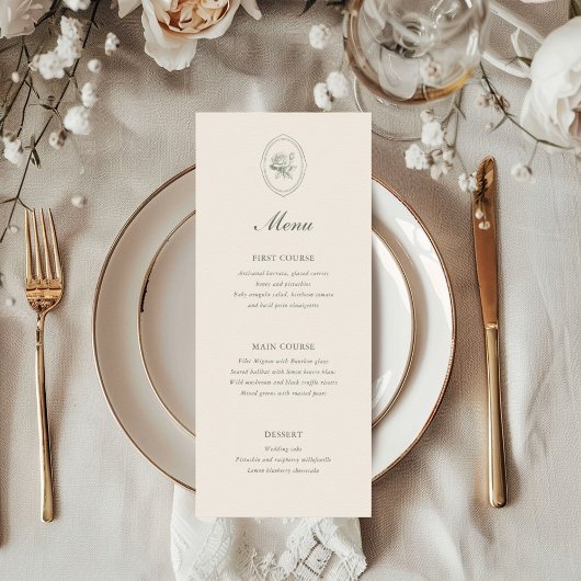 Salbeigrüne Rosenhochzeit Menükarte