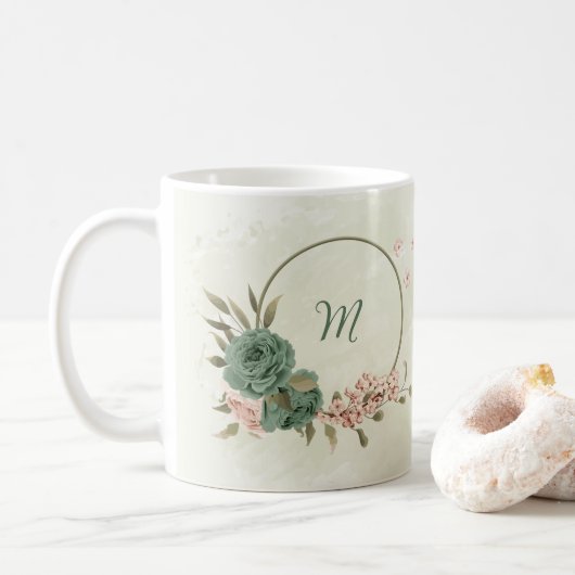 salbeigrüne Röte Blumenmuster Kaffeetasse (Mit Donut)
