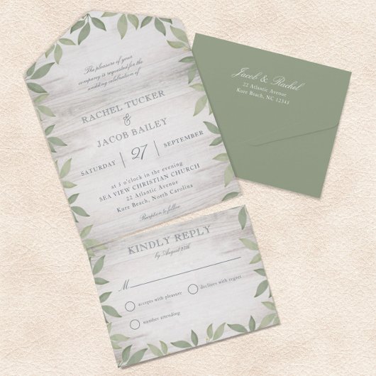 Salbeigrüne Rustikale Gartenhochzeit All In One Einladung