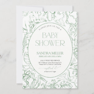 Salbeigrüne Safari Toile de Jouy Babyparty Einladung