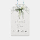 Salbeigrüne Schleife Gingham Baby Shower Geschenkanhänger (Vorderseite)